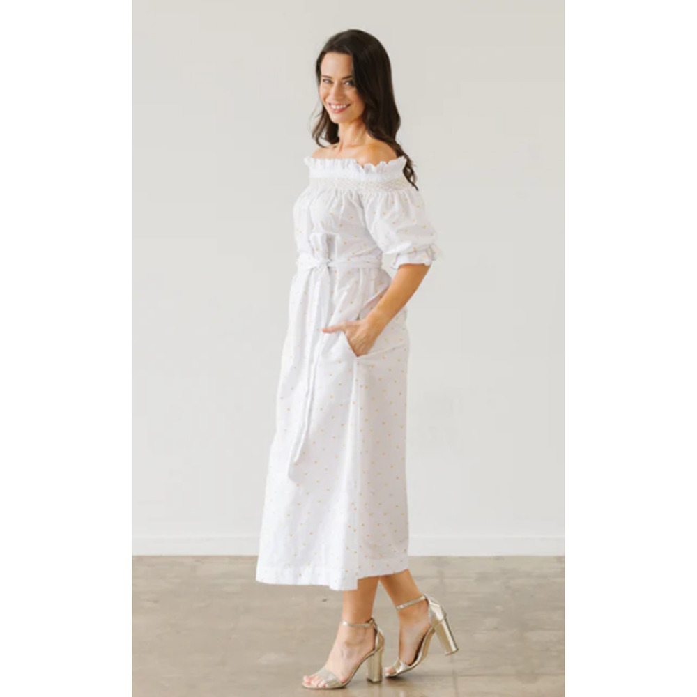 Dondolo x Pencil + Paper Co Midi Dress Size XS Puff Sleeve Gold Hearts White